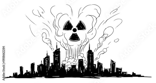 Nuclear Radiation Hazard Over City Skyline Hand Drawn Black and White Vector Illustration