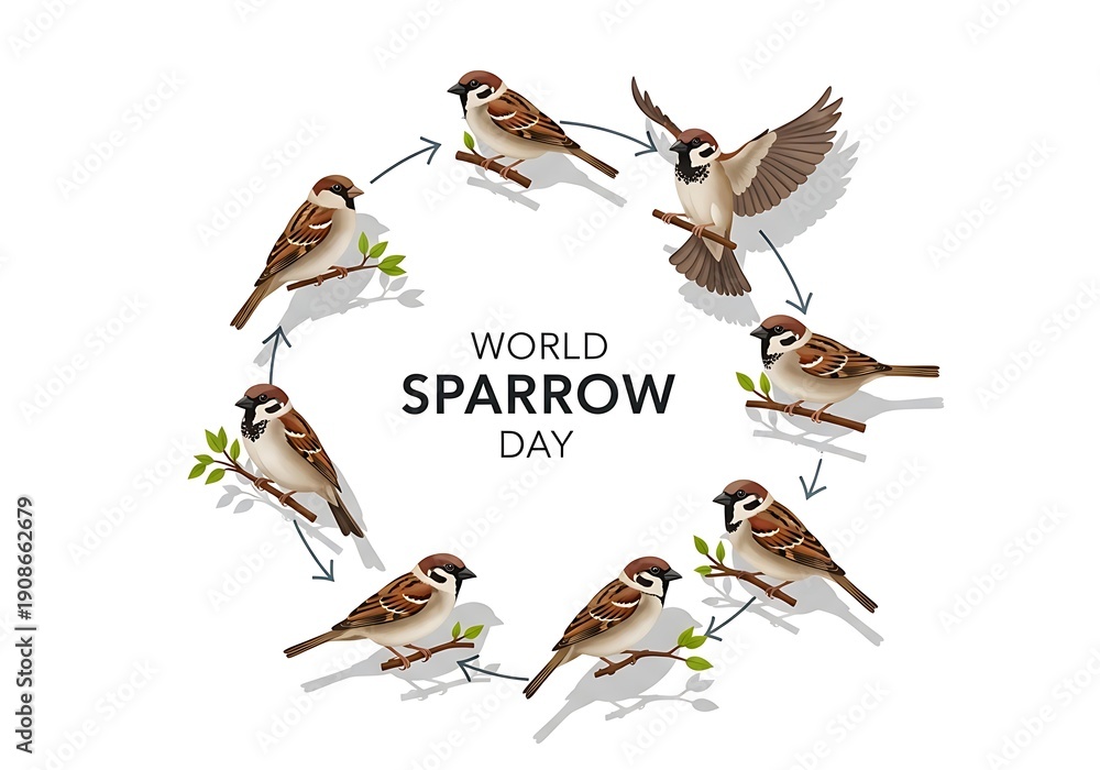 Fototapeta premium World Sparrow Day Birds in flight and perched on branches with leaves