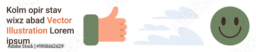 Feedback, approval, communication, positivity, emotions, social media reactions. A thumbs-up hand alongside a smiling face symbol and light clouds. Feedback and positivity concept