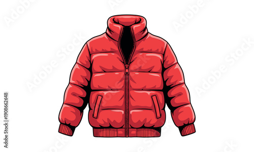 Red puffer jacket with high collar and zipper closure