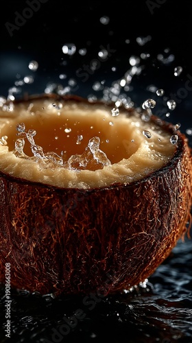 Coconut water splash in halved coconut with dramatic macro detail