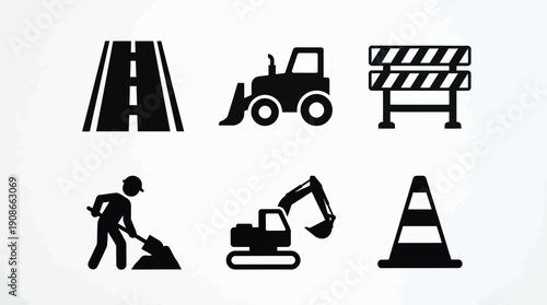 Construction and roadwork icons set: worker, tractor, barriers, bulldozer, caution signs, and heavy machinery in flat design
