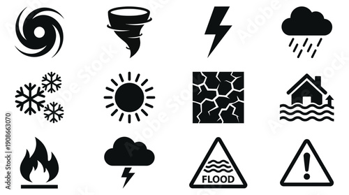 Collection of black and white hazard, weather, and natural disaster warning symbols and icons for safety and emergency preparedness