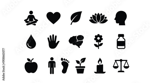 Collection of minimalist black and white icons representing wellness, nature, relationships, and everyday life symbols for design and media use