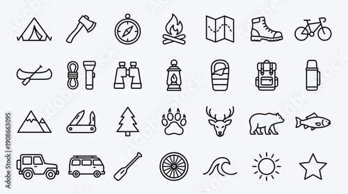 Collection of minimalist camping, travel, and outdoor adventure icons for survival, hiking, and nature exploration