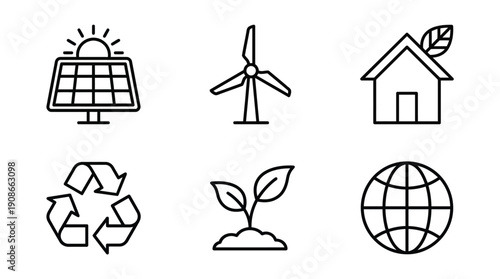 Sustainable living and renewable energy concepts with eco-friendly icons including solar power, wind turbine, house, recycling, plant growth, and globe