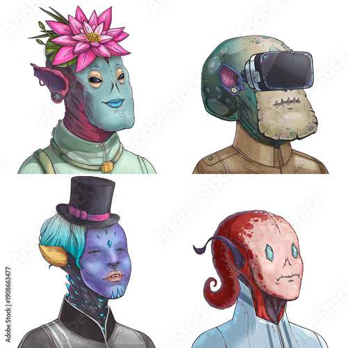 Canvas-taulu Wacky alien avatar pack of pale multifaceted oracle, spotted reptilian trooper,