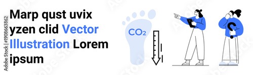 Footprint with CO2 label, emission decrease indicator, two professionals discussing sustainability. Ideal for environment, climate change, teamwork, analysis, education, awareness simple landing