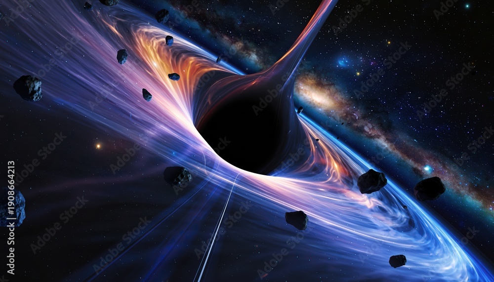 Fototapeta premium Conceptual rendering of a black hole in deep space surrounded by asteroids. Great for illustrating scientific concepts, space exploration, or abstract ideas.