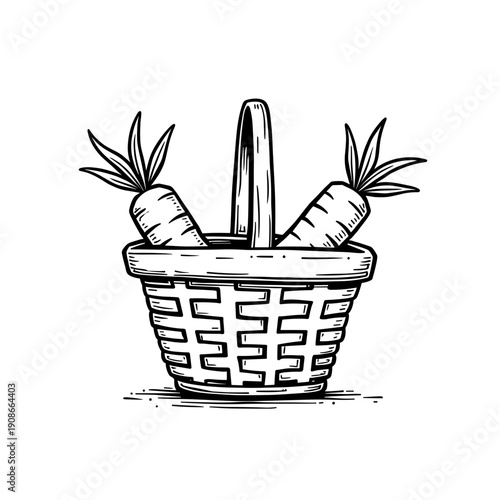 Basket with hand-drawn carrots on white background  