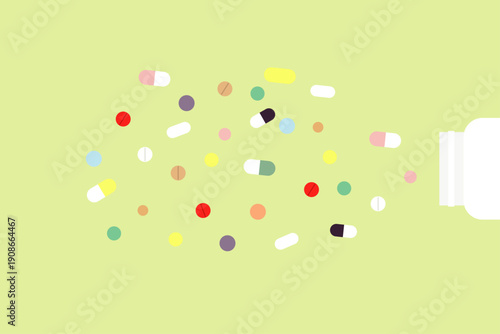 Colorful pills spilling out of white bottle, vitamin, supplement, yellow background, flat illustration