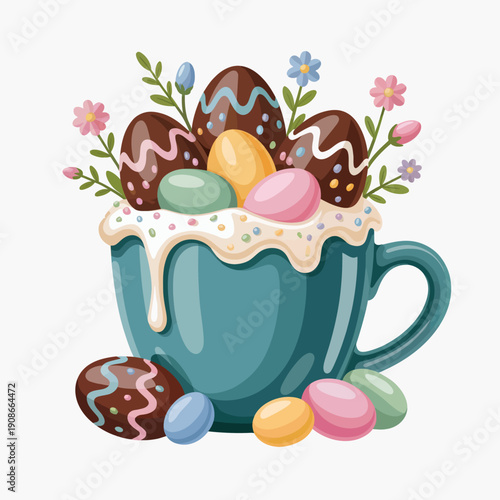 A whimsical scene features a blue cup filled with decorated chocolate eggs.