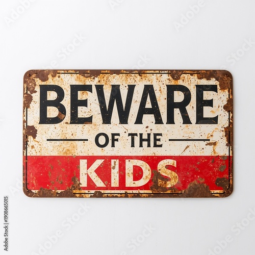 Red and white beware of the kids metal sign isolated on white