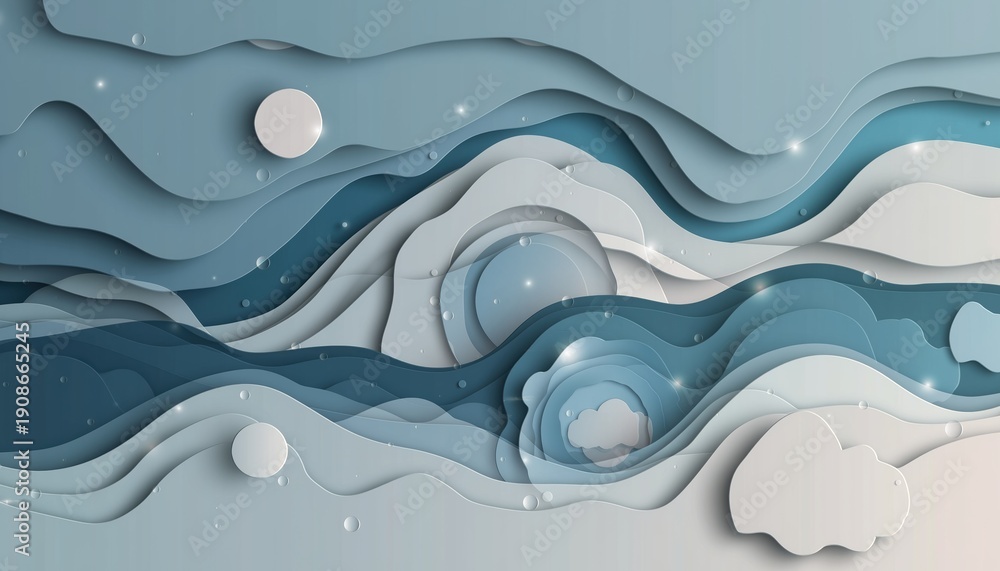 Fototapeta premium Abstract Paper Cut Landscape in Blue Tones with Clouds