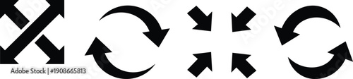 Black arrow vector illustration, directional movement icons, rotation exchange symbols, user interface design elements, simple minimal arrows, abstract navigation graphics
