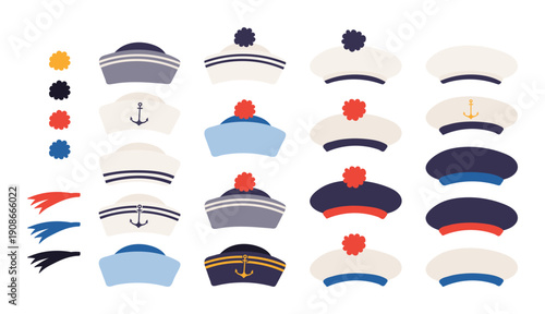 Sailor hat, cap isolated illustration isolated collection. Kids nautical design clip art set, accessory, costume, naval uniform, clothes element. Hand drawn flat vector on transparent background