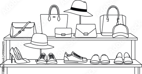 Outline drawing showcasing a variety of stylish fashion accessories including handbags hats shoes and caps neatly organized on display shelving for retail presentation or wardrobe planning