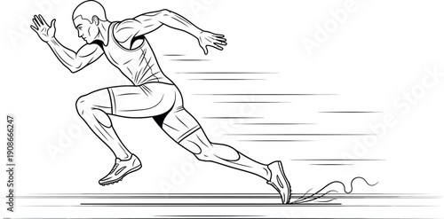 Athletic male sprinter in a dynamic starting position accelerating rapidly down a track with visible motion lines suggesting great speed and intensity