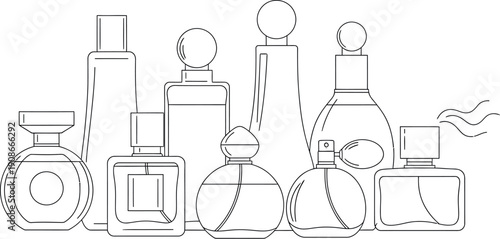 Collection of various elegant perfume bottles showcasing different shapes and styles for cosmetic branding or beauty product design concepts