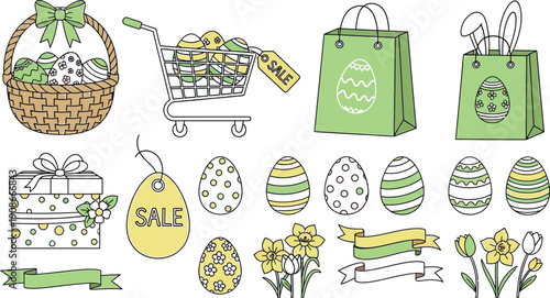 A charming collection of stylized pastel easter icons featuring decorated eggs shopping cart gift boxes spring flowers and holiday sale tags perfect for seasonal decoration and design projects.