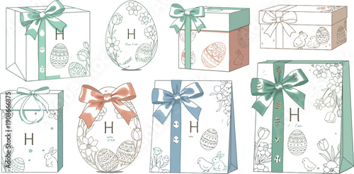 Collection of elegant pastel colored easter gift boxes and decorative packaging featuring delicate floral line art bunnies chicks and monogram initial H perfect for spring holiday presents.