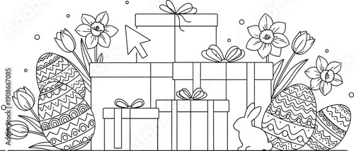 Black and white line art illustration featuring beautifully decorated easter eggs stacked gift boxes a small bunny and springtime flowers perfect for holiday designs