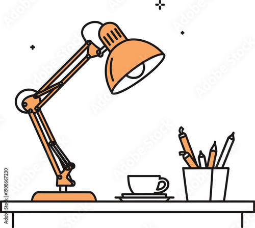 Minimalist flat illustration depicting an adjustable orange desk lamp illuminating a simple workspace arrangement with a coffee cup and drawing utensils on a white surface