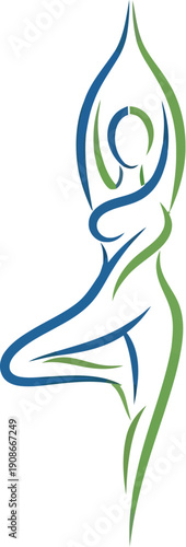 Elegant minimalist line art logo depicting a stylized female figure performing the vrikshasana yoga tree pose using flowing blue and green abstract shapes symbolizing balance and wellness