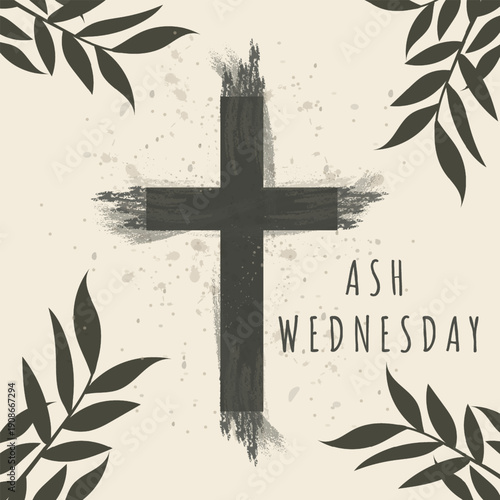 Ash Wednesday square post with black cross and dark tropical leaves vector illustration.