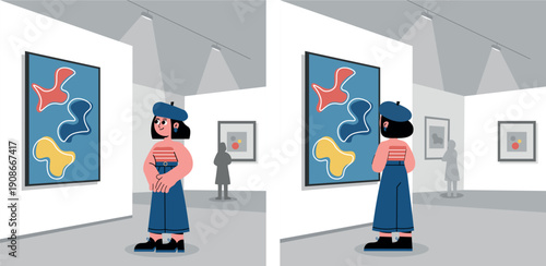Woman in museum gallery admiring large abstract paintings, representing art appreciation and culture, vector illustration
