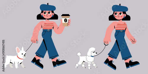 Vector illustration of cheerful woman walking bulldog and poodle, holding coffee cup. Ideal for pet-friendly and outdoor life themes