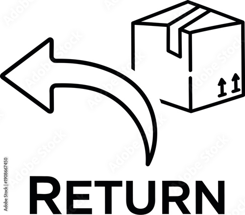 Simple black line icon illustrating the concept of product return shipment with an accompanying curved arrow indicating reversal and the bold text return below the graphic element.