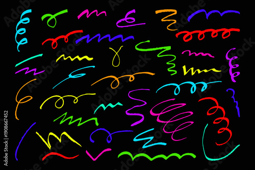 Set multi colored various scribble, doodles Hand drawn pencil curved lines, isolated on black background Colorful charcoal abstract elements Squiggles, marker scribbles, cratches Curvy, wavy stripes