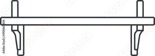 Simple black and white line art illustration depicting a minimalist floating shelf design with visible mounting brackets against a stark white background, perfect for design concepts.