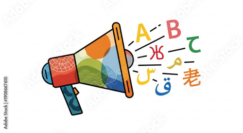 Vibrant megaphone amplifying global communication with colorful letters