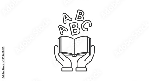 Hands holding an open book with letters floating above