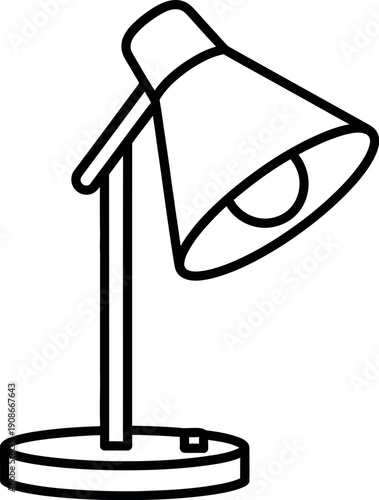 Simple black and white line art icon depicting an adjustable desk lamp with a conical shade and a circular base perfect for graphic design projects.
