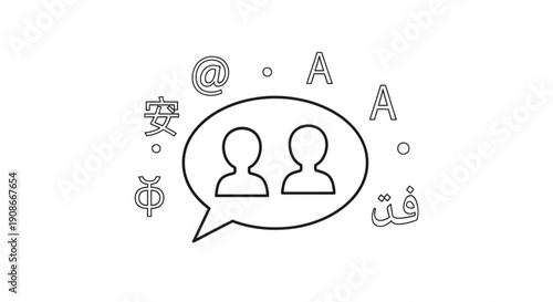 Modern communication symbols with diverse language characters