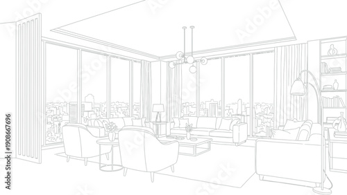 Architectural line drawing depicts a luxurious modern penthouse living room featuring expansive floor to ceiling windows showcasing a vast metropolitan cityscape below.