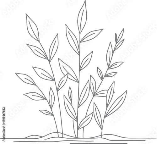 Simple minimalist line art drawing of several stylized leafy plant stems growing upward from a thin strip of stylized ground against a clean white background.