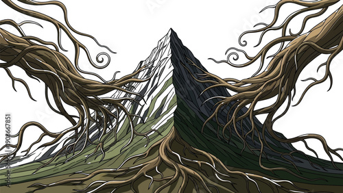 Massive, gnarled, and ancient tree roots embrace a sharply pointed mountain peak reaching towards a pale blue sky with scattered white clouds illustrating raw natural power.