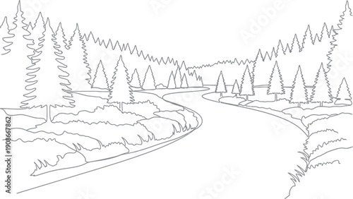 Serene landscape line art depicting a winding river flowing through a dense forest of evergreen pine trees surrounded by wild grassy banks perfect for coloring books.
