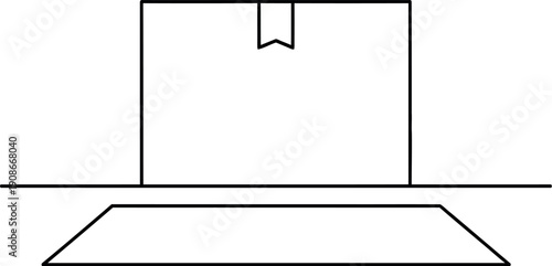 Simple black and white line art icon depicting a cardboard shipping box ready for sealing or placement onto a conveyor belt system for logistics operations.