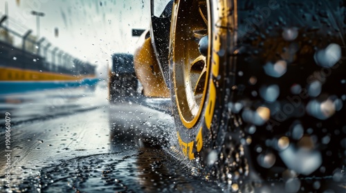 Racing car wheel splashing water on a wet racetrack during a high speed lap, illustrating extreme motorsport conditions, tire grip, performance driving and racing intensity