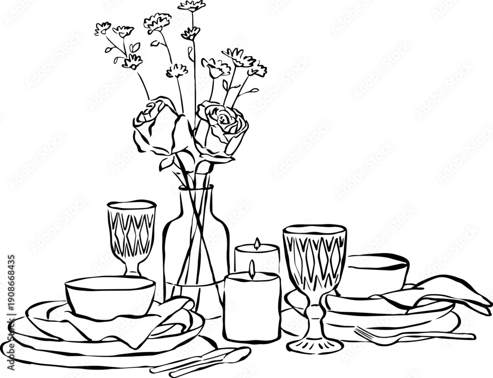 Fototapeta premium Ilustración vectorial de mesa de cena con velas, copas y platos. Dibujo a mano de cena. Ilustración minimalista. Ilustración para invitaciones, papelería, imprimibles, redes sociales