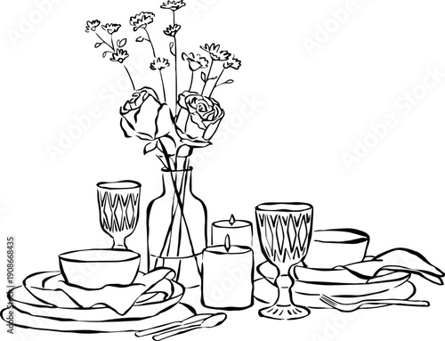 Ilustración vectorial de mesa de cena con velas, copas  y platos. Dibujo a mano de cena. Ilustración minimalista. Ilustración para invitaciones, papelería, imprimibles, redes sociales