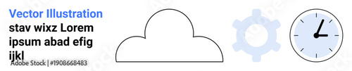 Cloud computing, time tracking, process optimization, technology solutions, data storage, workflow automation. Cloud, gear icon and clock symbol in a minimal design. Cloud computing and time