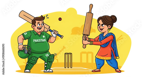 Pakistani couple playing cricket, man in green Pakistan jersey and woman in traditional dress, cartoon illustration for sports and culture concepts