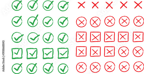 Checkmarks and crosses symbols in green and red on white background
