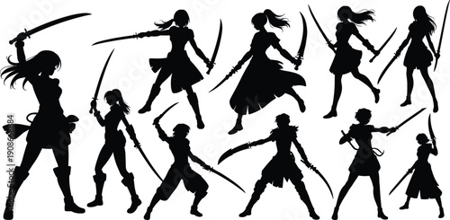 Black and White Female Warrior Silhouette Set Wielding Dual Swords in Dynamic Combat Poses on White Background